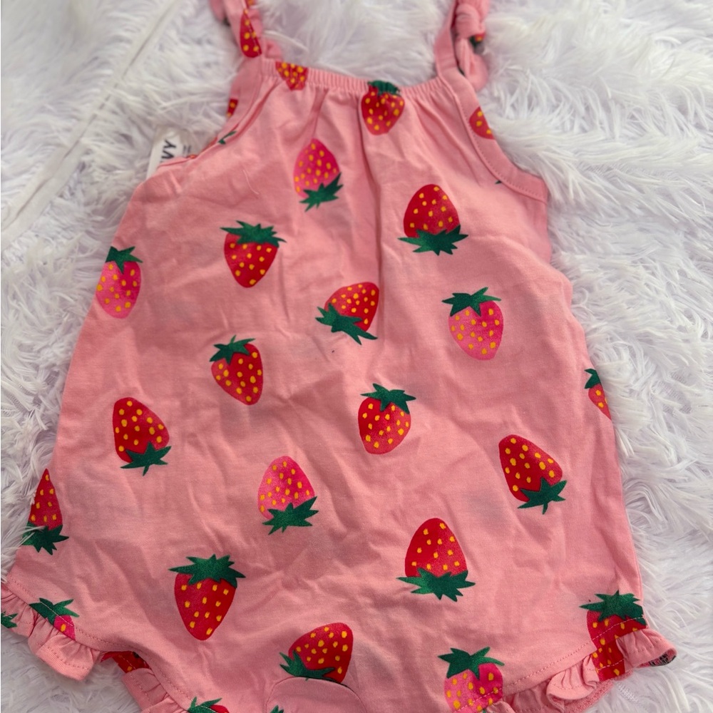 Girls Pink Strawberry Print Romper